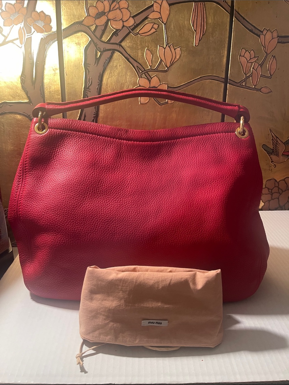 Miu Miu Red Pebbled Leather Hobo Shoulder Bag with Gold Hardware